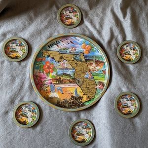 VINTAGE Round Florida Souvenir Metal Tray and Six Coasters
